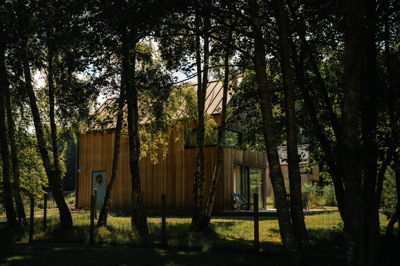 Drewniany domek wśród brzóz w popołudniowym słońcu
